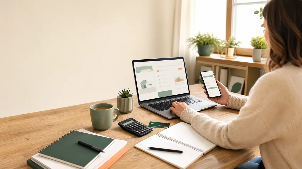 Klient plánuje půjčku 30 000 Kč online pomocí notebooku a telefonu