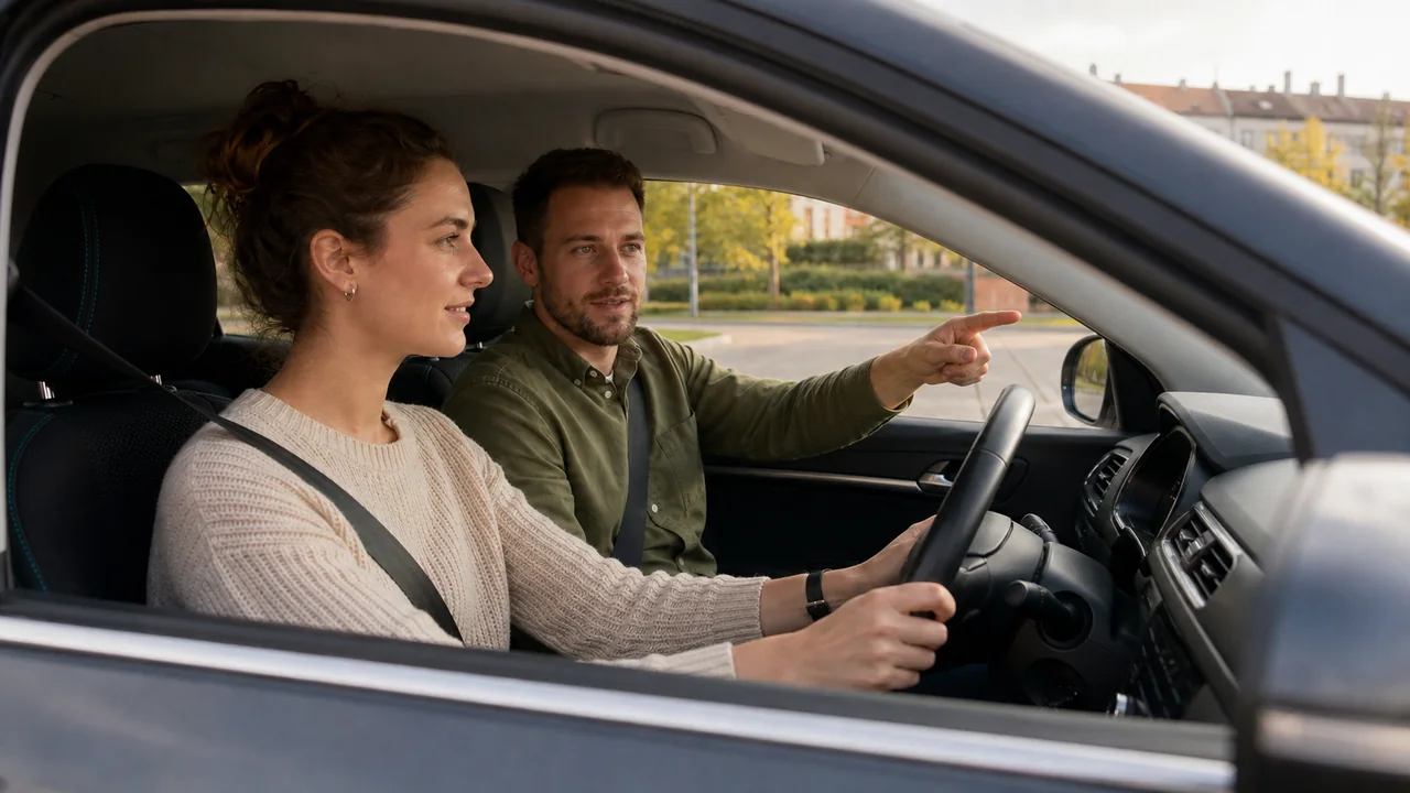 Žákyně autoškoly sedí za volantem a instruktor vysvětluje další jízdu