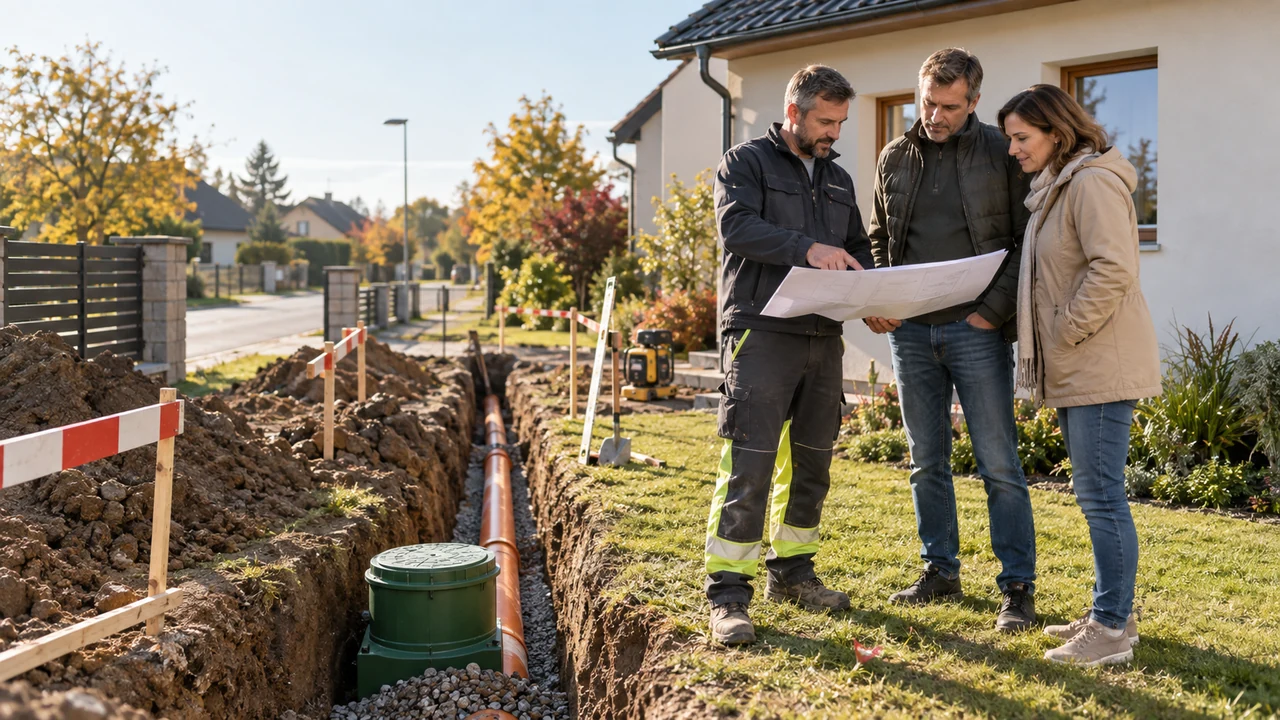 Majitelé domu plánují kanalizační přípojku se stavebním technikem