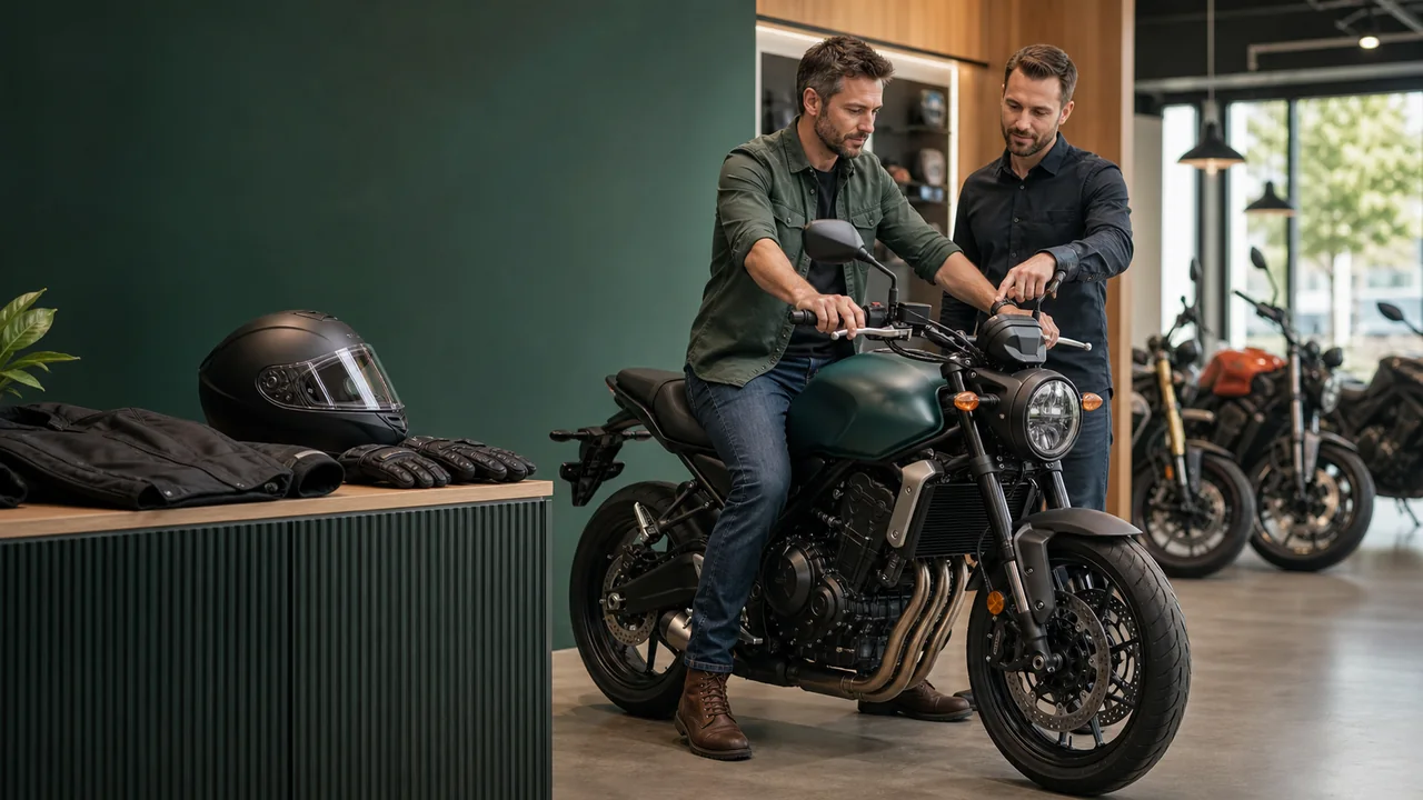 Zákazník vybírá motocykl s prodejcem a má připravenou přilbu a ochranné oblečení