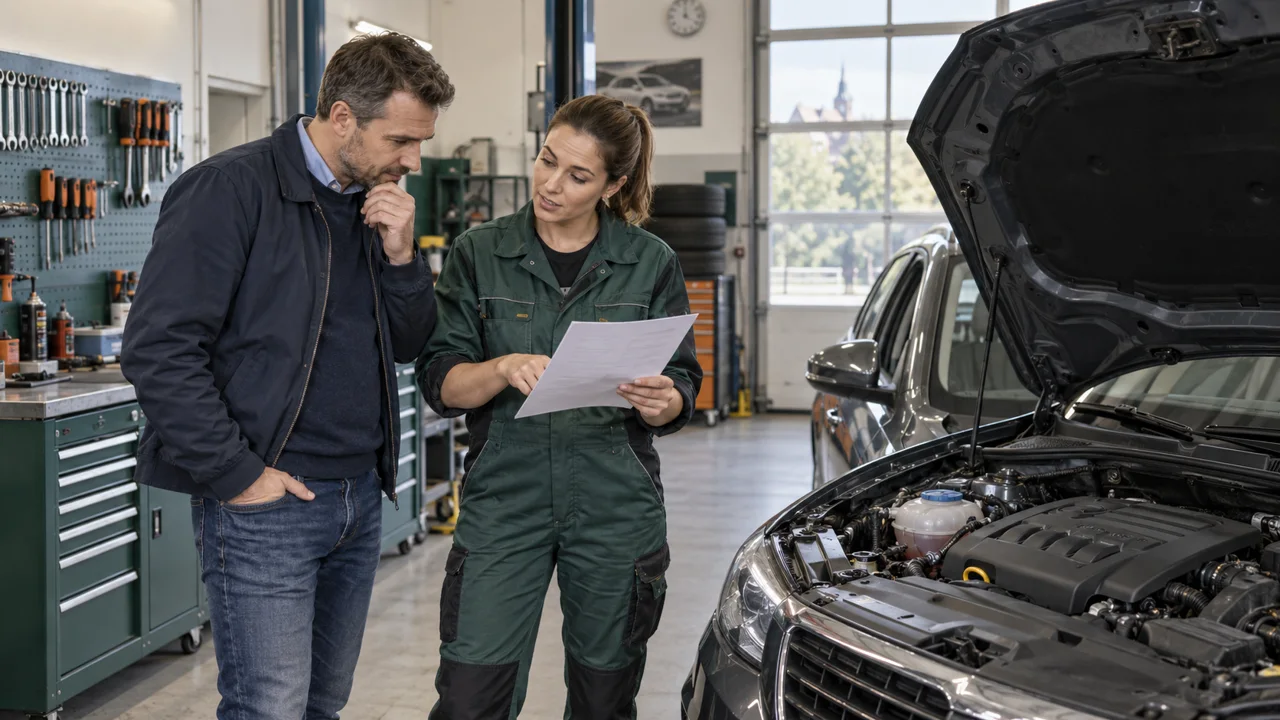 Majitel auta probírá rozpočet opravy motoru s mechaničkou v autoservisu