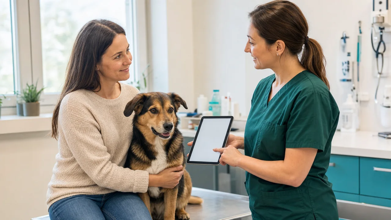 Majitelka psa probírá s veterinářkou plán léčby a další postup