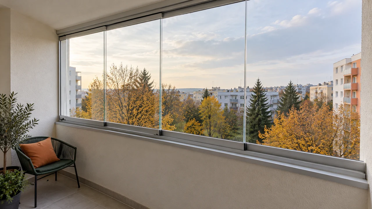 Zasklená lodžie s posuvnými panely, zelenou židlí a výhledem na podzimní stromy